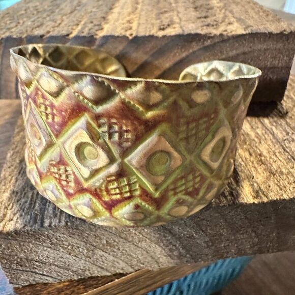 Handcrafted Artesian Boho Brass Patina Bracelet, Burnt Orange Diamonds and Squa - Picture 6 of 7